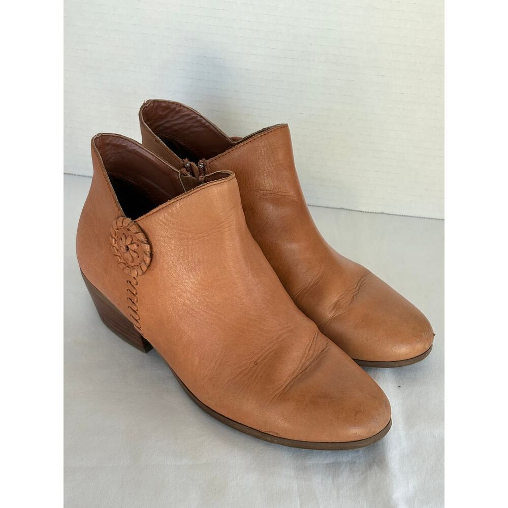 JR Jack Rogers Leather Oak Tan Color Ankle Boots-Side Zip-Stacked Western Heel 7